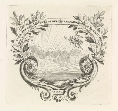 Ornamenteel cartouche met ondergaande zon