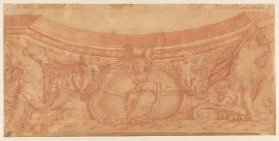 Ornamentele rand met hermen en in het midden cartouche met allegorische figuren verbeeldend de hoop