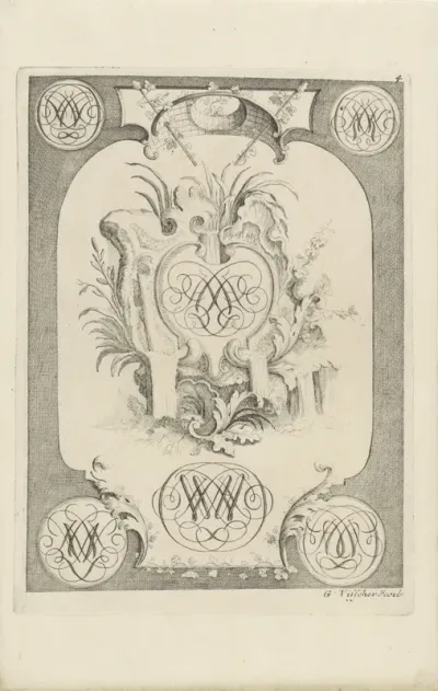Ornamentele rotspartij met watervallen en in het midden een monogram