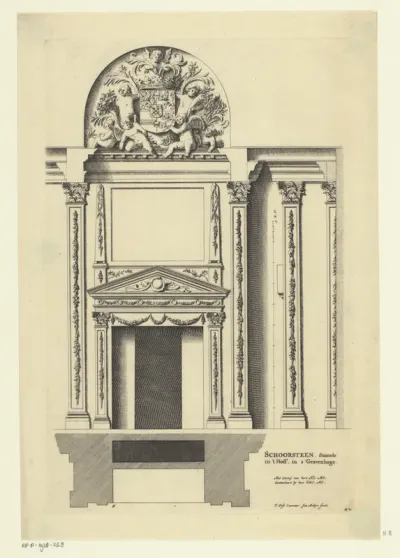 Ornamentele schoorsteenmantel met putti rond een wapenschild