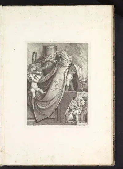 Ornamentele vaas omringd door putti, draperie en leeuwen