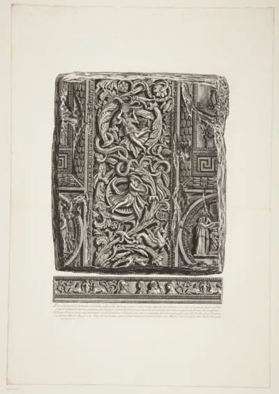 Ornamenteret fragment i sten fra Hadrians Villa i Tivoli, med arabesker og bakkanter, samt terracottafrise fra Gaetani-haverne