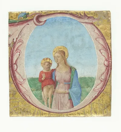 Ornamenteret initial O, hvori bl.a. indgår et dragehoved. I initialet en stående Madonna med Jesusbarnet i et landskab. Udsnit af miniaturehåndskrift