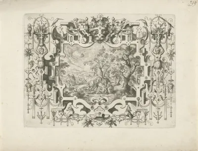 Ornamentomlijsting met rolwerk en figuren, waarin landschap met de Barmhartige Samaritaan
