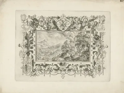 Ornamentomlijsting met rolwerk en figuren, waarin landschap met Venus en Adonis