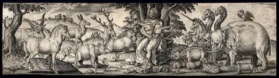 Orpheus sitting on a stone holding a string instrument and charming the animals with music