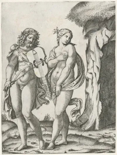 Orpheus speelt op viola voordat Eurydice naar onderwereld gaat