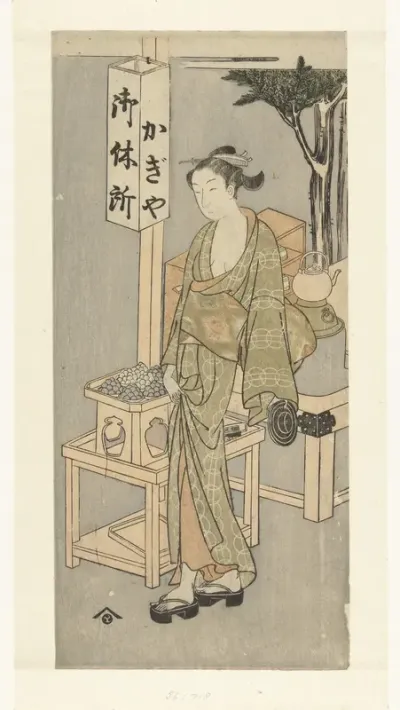 Osen bij de Kagiya theekraam