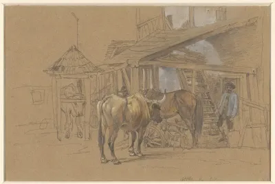Ossen en een paard bij de hoefsmid