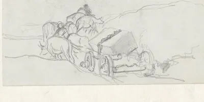 Ossenwagen met een blok steen erop