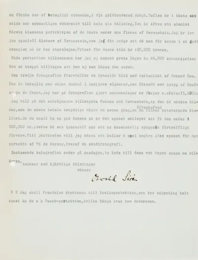 Osvald Sirén's letter to Paul Sinebrychoff 22.3.1909