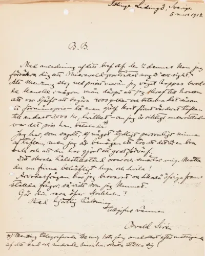 Osvald Sirén's letter to Paul Sinebrychoff 5.3.1912