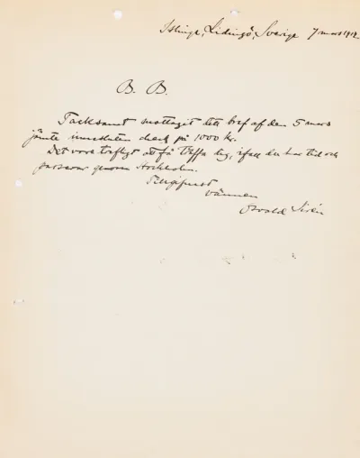 Osvald Sirén's letter to Paul Sinebrychoff 7.3.1912