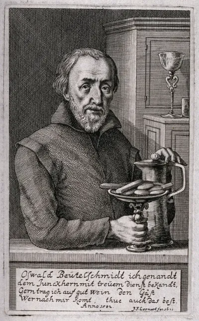 Oswald Beutelschmidt, an innkeeper holding a tankard and a dish of food