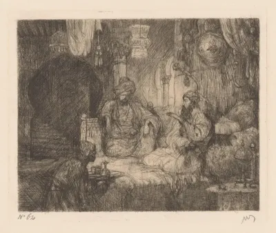 Ottomaans interieur met twee mannen en dienaar