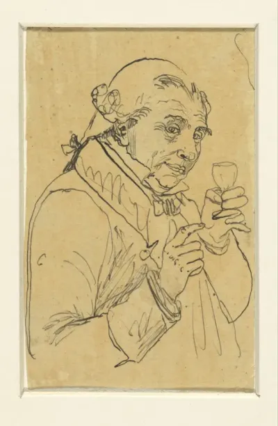 Oud heertje in 18e eeuws kostuum, in de linkerhand een glas wijn heffend