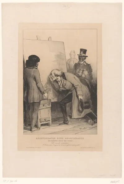 Oude aristocraat bekijkt het schilderij van een kunstenaar