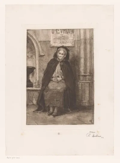 Oude bedelende vrouw gezeten voor de basiliek van Onze-Lieve-Vrouw van Scherpenheuvel