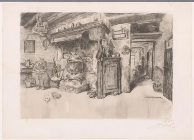 Oude boerin in de keuken