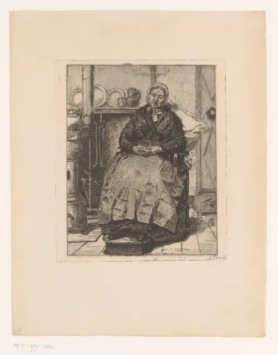 Oude dame zit comfortabel naast de kachel in de keuken