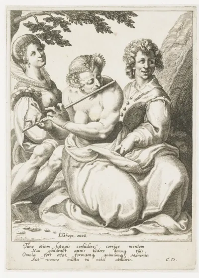 Oude fluitspelende vrouw en jong stel