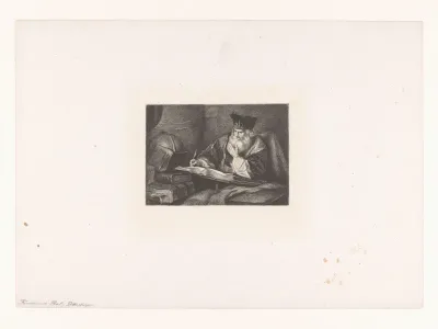 Oude geleerde schrijvend in groot boek