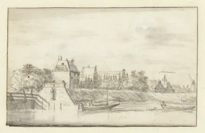Oude jachthaven te Amsterdam, rechts de Sint Antoniespoort