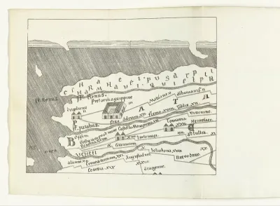 Oude kaart met de uitwateringen van de Rijn in zee
