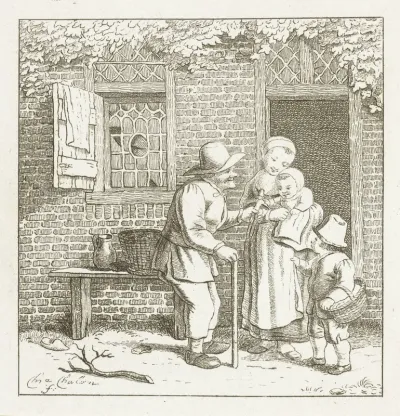 Oude man deelt speelgoed uit