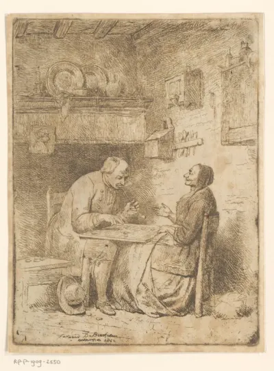 Oude man en vrouw die een damspel spelen