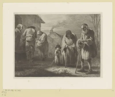 Oude man geeft een aalmoes aan een bedelares