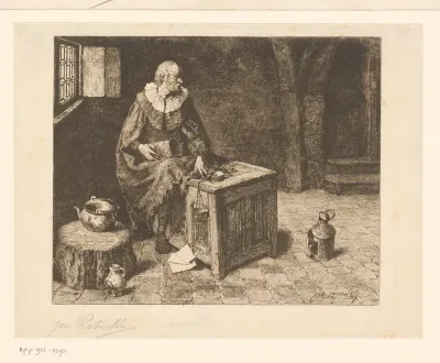 Oude man gezeten op een kist met weegschaal en kist