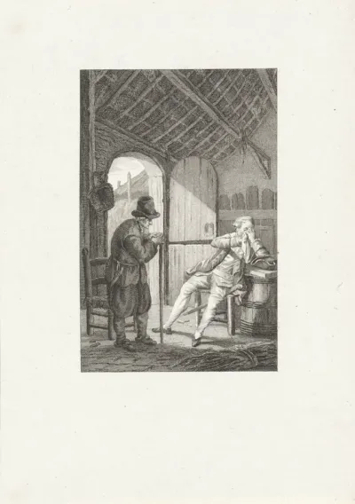 Oude man in gesprek met een heer in een boerderij