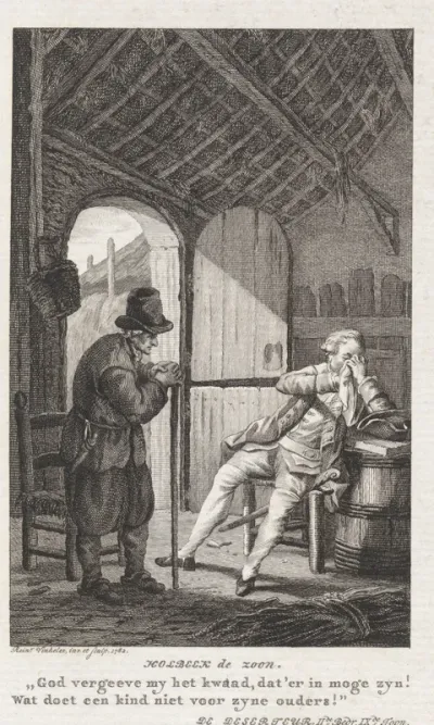Oude man in gesprek met een heer in een boerderij