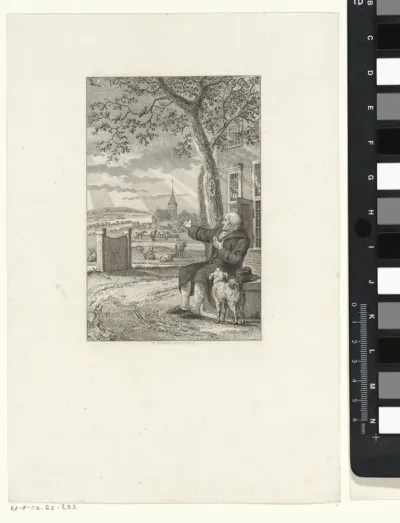 Oude man kijkt uit over een landschap