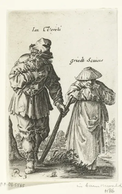 Oude man loopt met een stok in zijn hand naast een oude vrouw