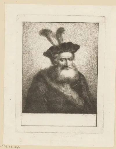 Oude man met baard, baret met twee veren en bontmantel