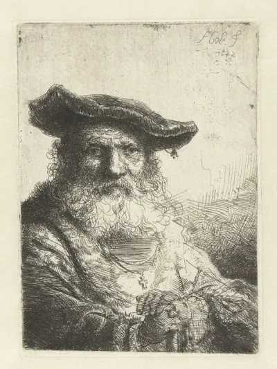 Oude man met baard en fluwelen baret