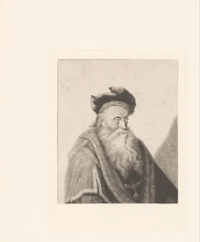 Oude man met baard en muts in wijde mantel met bontkraag
