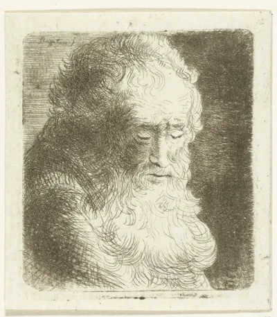 Oude man met baard met de blik naar beneden gericht: driekwart, naar rechts