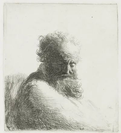 Oude man met baard met de blik naar beneden gericht: driekwart, naar rechts
