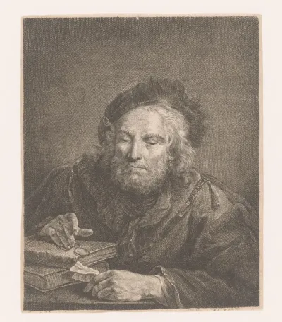Oude man met boeken en een bril
