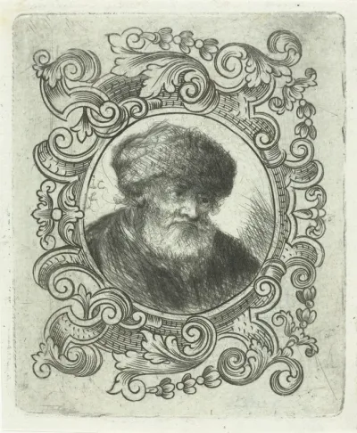 Oude man met bonthoed in ornamentrand