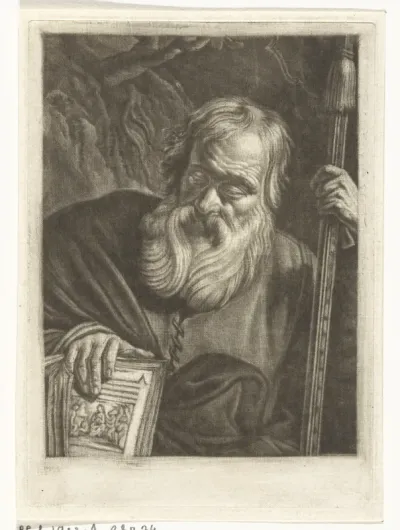 Oude man met een boek en een speer