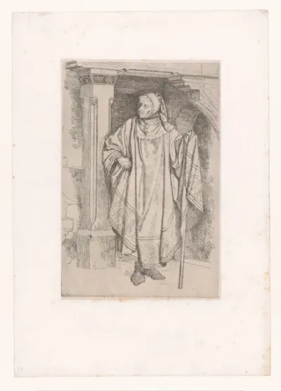 Oude man met kapmantel en wandelstok