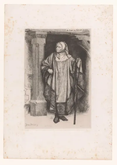 Oude man met kapmantel en wandelstok