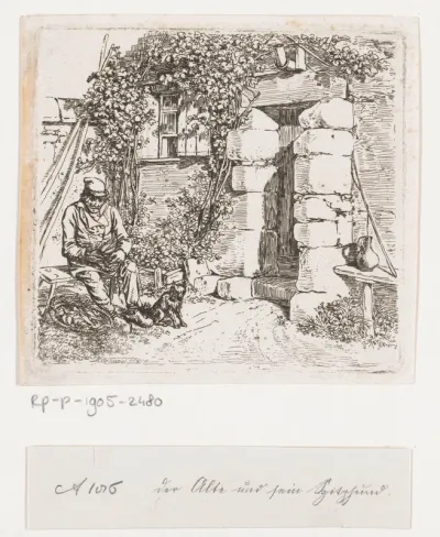 Oude man met keeshond voor een huis