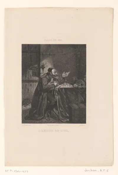 Oude man met munten gezeten aan een tafel