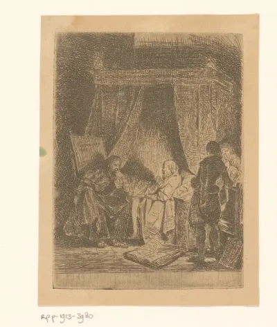 Oude man op bed in gesprek met een man in een stoel