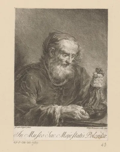 Oude man schudt zak geld leeg, mogelijk de heilige Petrus